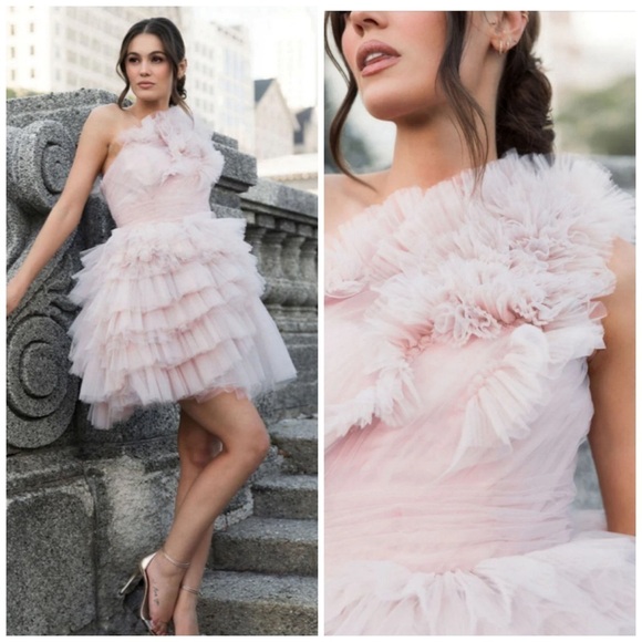 Mac Duggal Ruffle Tulle One Shoulder Bustier Mini Dress Pink Size 10 Cocktail - Picture 1 of 9